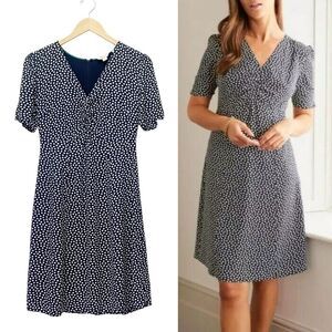 Boden Navy White Polka Dot Ruched V-Neck Short Sleeve A-Line Dress Size US 4 4L